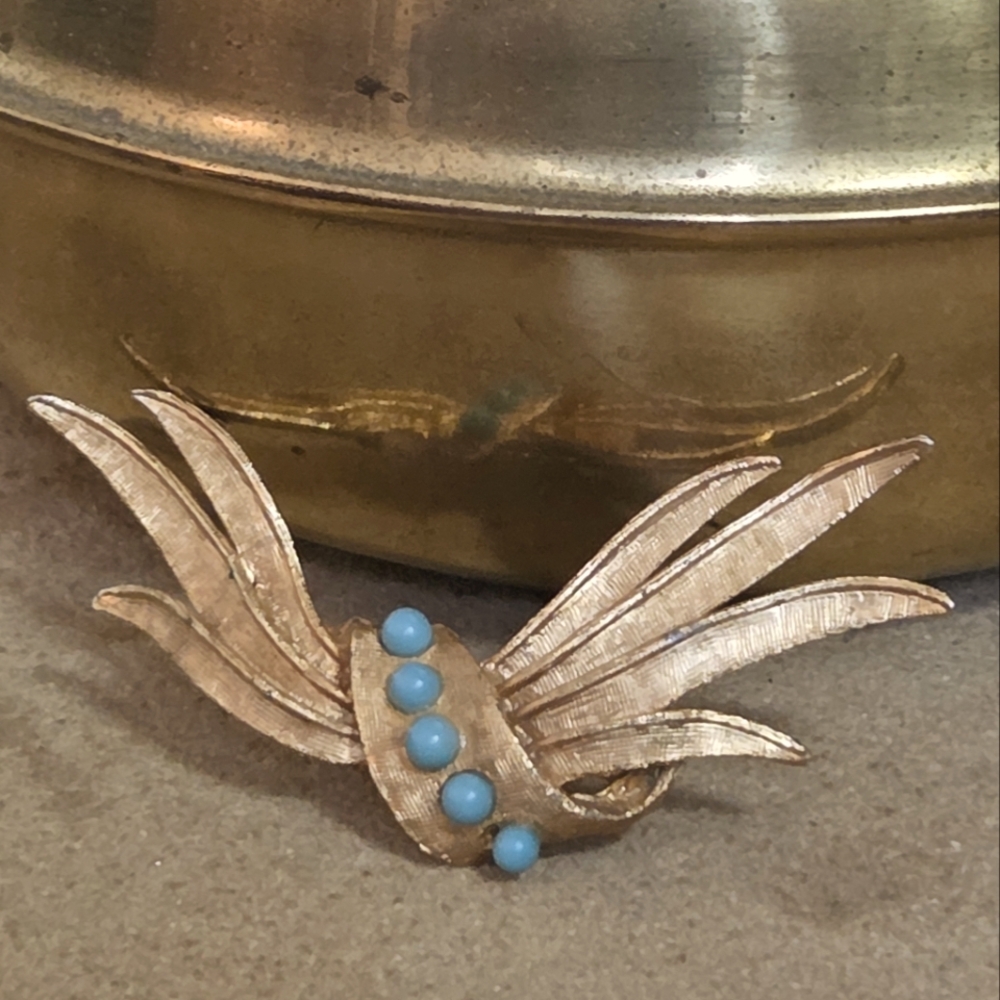 Vintage Gold Brooch with Turqoise Accents, Marked AN